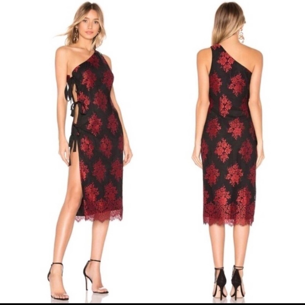 H:ours Black Red One-Shoulder XXS Dress Leonardo cutout midi cocktail party